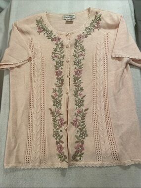 Jaclyn Smith Pale Pink Floral Embroidered Short-Sleeve Cardigan